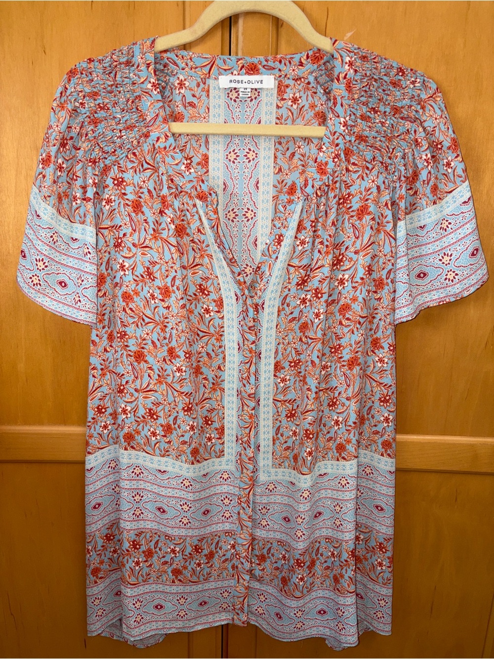 Rose & Olive Bohemian Paisley Tunic Top Woman’s 2X Smocked Flutter Sleeve Artsy